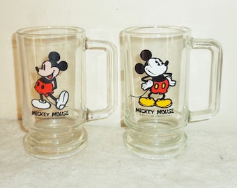 Mickey Mouse Glass Beer Stein Mugs Set of 2 Vintage, Walt Disney Productions