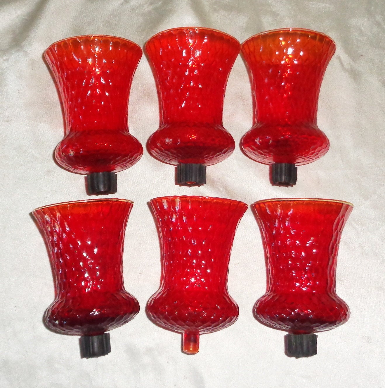 6 Home Interiors Style Red Honeycomb Diamond Glass Made in Italy Cup Votive Candle Holders, Homco Syroco