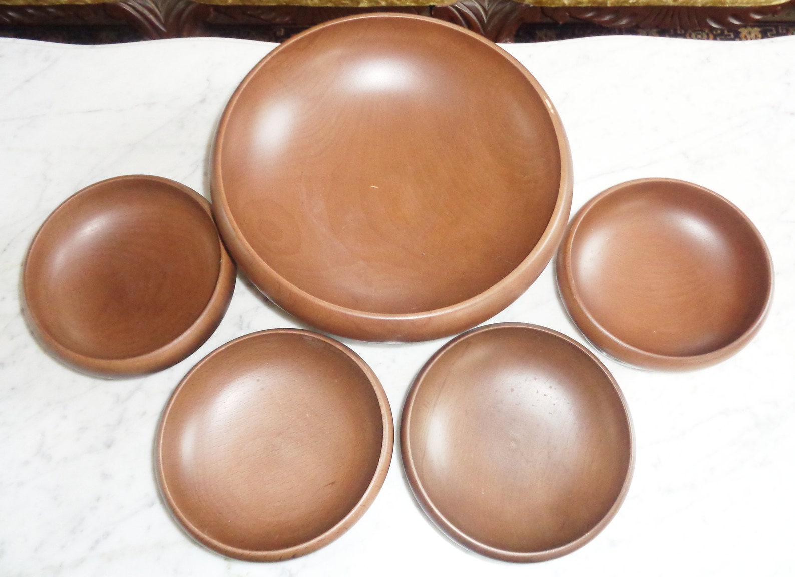 Walnut Wood Salad Serving Set 5 Pc Bowls W Applied Stainless Etsy