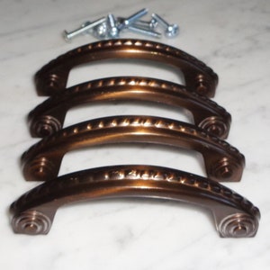 4 Vintage Bronze Brown Bullseye Scroll Cabinet Door Drawer Pull Handles