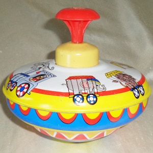 Ohio Art Circus Train Cars Litho Spinning Top Vintage 5 1/4 inch Tin Toy, Works