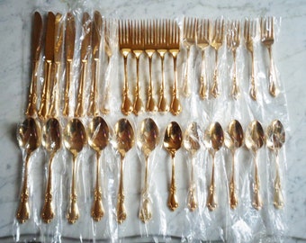 Kimberly Present Gold Electroplate Stainless Japan Flatware Set~ Service for 6 ~ 5 Piece Place Settings