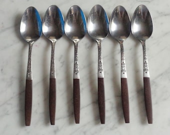 INR2 Interpur Brown Wood Handle Stainless Japan 6 3/4in Set of 6 Teaspoons