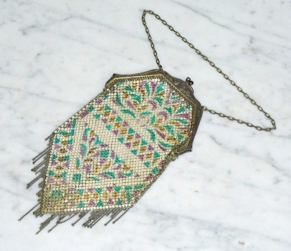 Mandalian Metal Mesh Clutch Purse w Art Deco Desi… - image 1