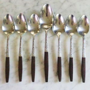 INR2 Interpur Braun Holzgriff Edelstahl Japan 15,5 cm Set mit 6 Teelöffeln & 1 Tafelsuppenlöffel