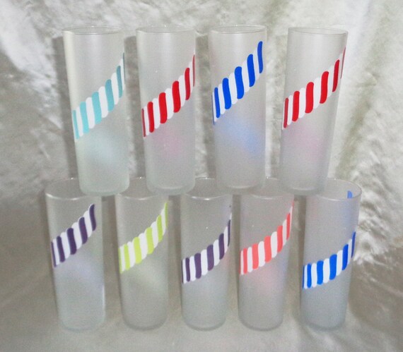 Vintage Libbey Frosted Glass Tumblers: Candy Stick Stripe Set of 9