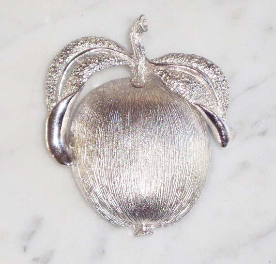 Apple Brooch Sarah Cov Silver Tone Metal Vintage … - image 1