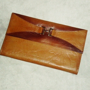 Vintage Top Grain Cowhide Beige Brown Leather Wallet Bill-a-fold w 4 bolsillos abiertos, 1 cierre de cierre