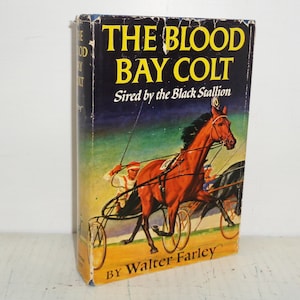 K&ouml;nnte beinhalten: Ein Vintage-Buchcover mit einem gelben und roten Titel "The Blood Bay Colt" und dem Untertitel "Sired by the Black Stallion". Das Cover zeigt ein Gem&auml;lde eines braunen Pferdes im Rennen mit einem Jockey.