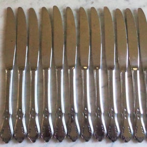 Puede incluir: Un juego de doce cuchillos de mantequilla plateados. Cada cuchillo tiene una hoja redondeada y un mango decorativo con un diseño floral ornamentado. Los cuchillos están dispuestos en fila sobre una superficie clara.