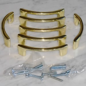 7 Half Moon Angled &quot;Taiwan&quot; Gold 3 1/2in Cabinet Drawer Pull Handles Vintage MCM