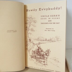 May include: A book cover with the title "How'dy Ev'vybuddy!" and the subtitle "Uncle Ezra's Book of Poems and Thoughts for the Day". The cover features an illustration of a horse-drawn carriage traveling down a country road.