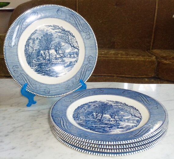 Blue Currier & Ives Royal China - Old Grist Mill - 10 Inch Dinner