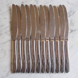 Puede incluir: Un juego de 12 cuchillos de cena de plata con un diseño floral en el mango.