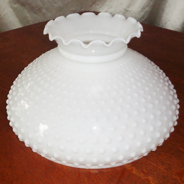 Ruffled Rim Hobnail White Milk Glass Hurricane Lamp Shade Large 13 x 7 3/4 inch Vintage w 12 inch Fitter Rim