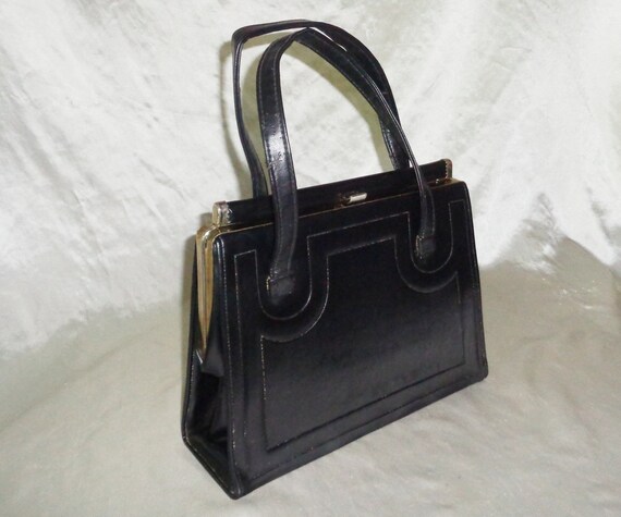 Vintage Black Vinyl Leather Purse Hand Bag w Inne… - image 7