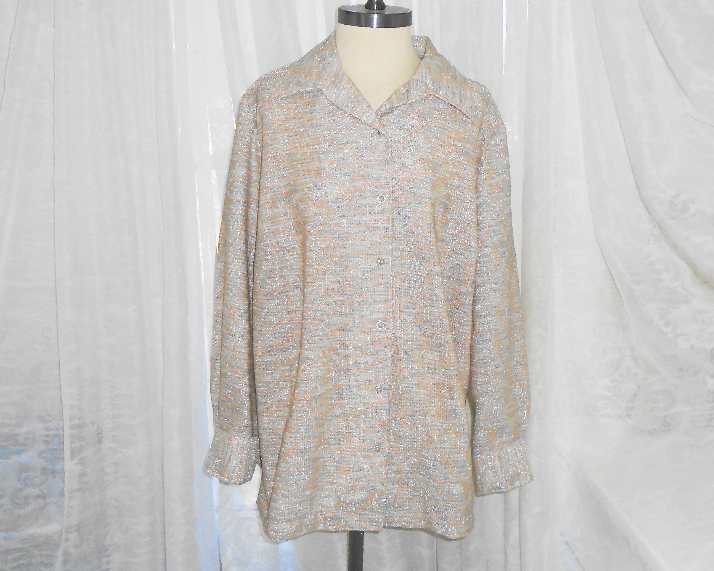 Metallic Plaid Blouse Vintage Added Dimensions Sz44 Beige