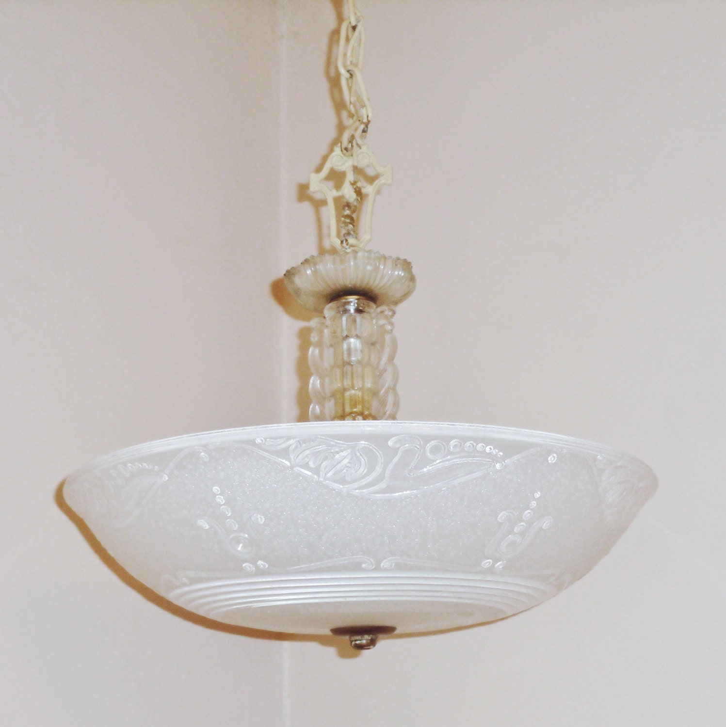 Chandelier Ceiling Fixture Antique 1920s Art Deco 3 Bulb Pendant W 16in Iridescent Shade All Original