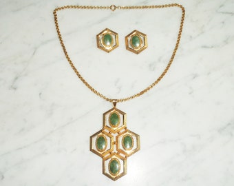 Ensemble collier et boucles d'oreilles clip en agate verte 12 carats GF Gold Filled Van Dell, vintage