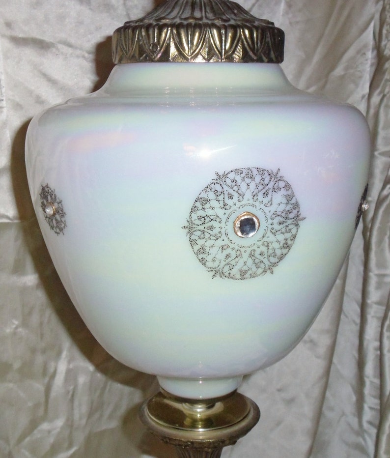 Iridescent Table Lamp w Metal Marble Base Vintage Hollywood Regency