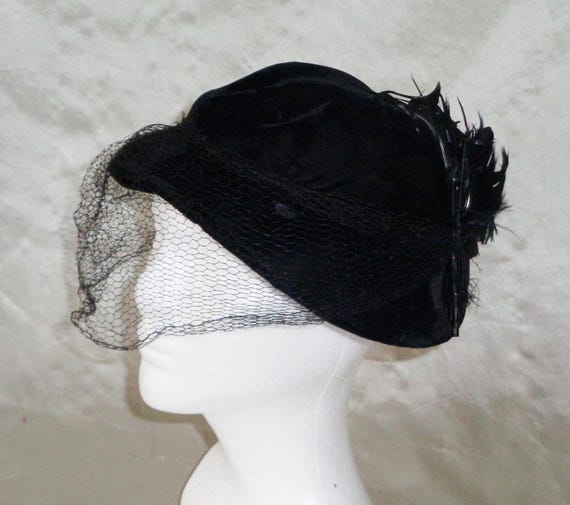 Vintage Black Velvet Hat with Veil and Feather Black velvet holly leaves 1960s cocktail hat fascinator with  main image 3