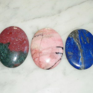 Polished Oval Stones in Pink Blue & Green ~ Bloodstone, Rhodonite, Lapis, Great for Jewelry Making