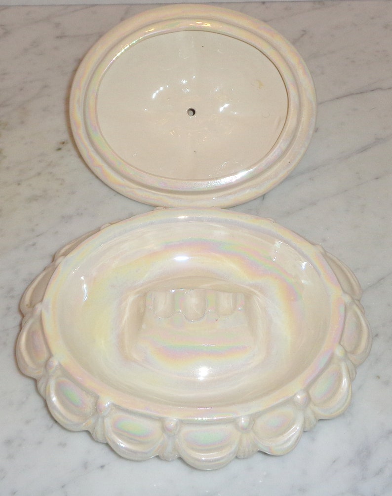 Vintage Iridescent Cream Colored Ceramic Pottery Covered Hidden Ashtray