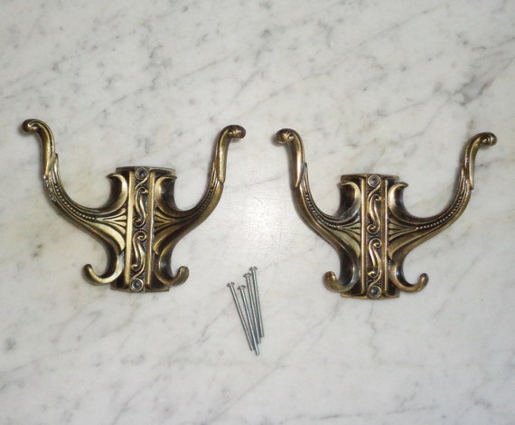 2 Double Double Brushed Brass Coat Hook Vintage Mid Century Style Deco 
