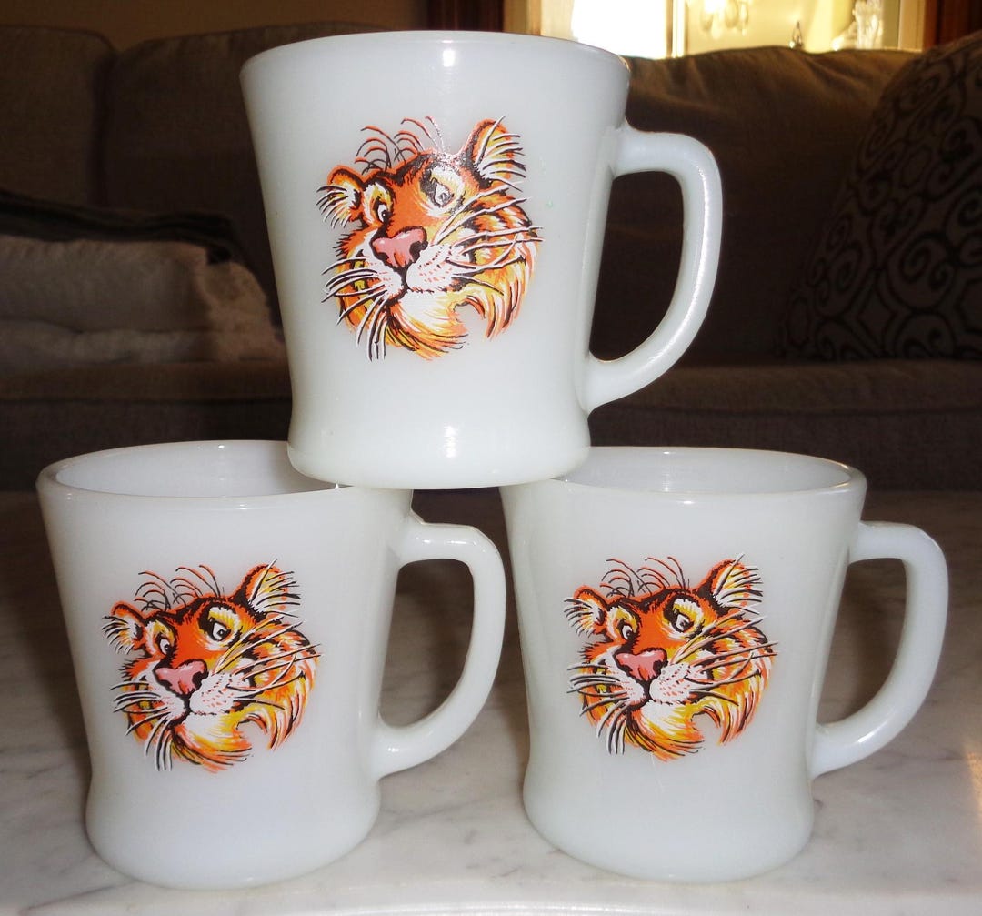 3 Vintage Fire King Tony the Tiger Milk Glass Coffee Mugs - Anchor