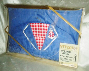 Blue Red Checkered Sailor Style Tex Diaper Stacker Garment Bag Hanging Closet Clothing Organizer, Vintage in Original unopened packaging