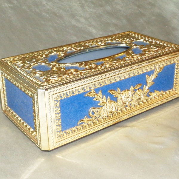 Terciopelo azul y Lucite Gold Metal Floral Flower Kleenex Box Holder w Wall Mount ~ 10 3/4 x 5 1/2 x 3 5/8 pulgadas