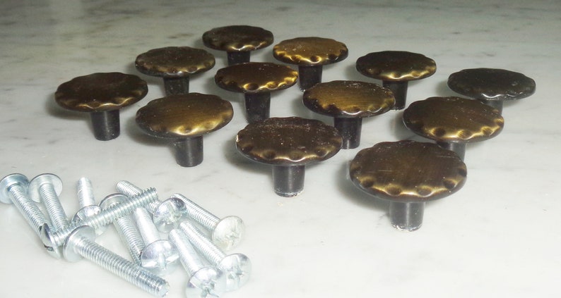 2 tone Brass Cabinet Drawer Pull Knobs 1 inch Set of 12 Vintage Mid Century