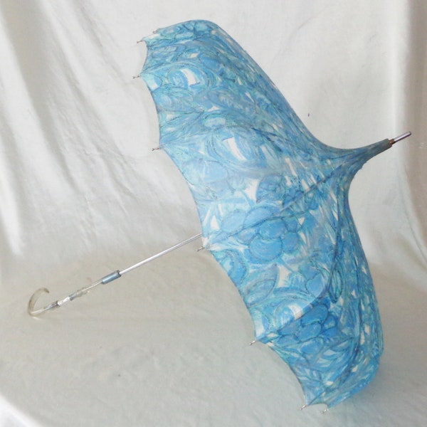 Umbrella Parasol - Vintage Metal frame with Clear Decorative Plastic Handle ~ Blue Design~ Needs Work