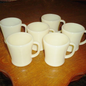 Fire King Flat Bottom Ivory D Handle Coffee Mugs Cups - set of 6 signed &quot;Oven Fire King Ware&quot;