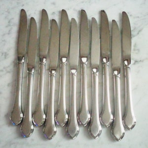 May include: A set of 12 silver dinner knives with a simple, elegant design. The knives have a rounded handle with a slight curve at the end.