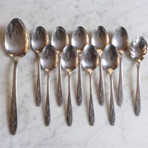 Puede incluir: Un juego de 11 cucharas de plata, que incluye una cuchara de servir más grande y una cuchara de azúcar más pequeña con un borde decorativo. Las cucharas tienen un diseño floral en el mango.