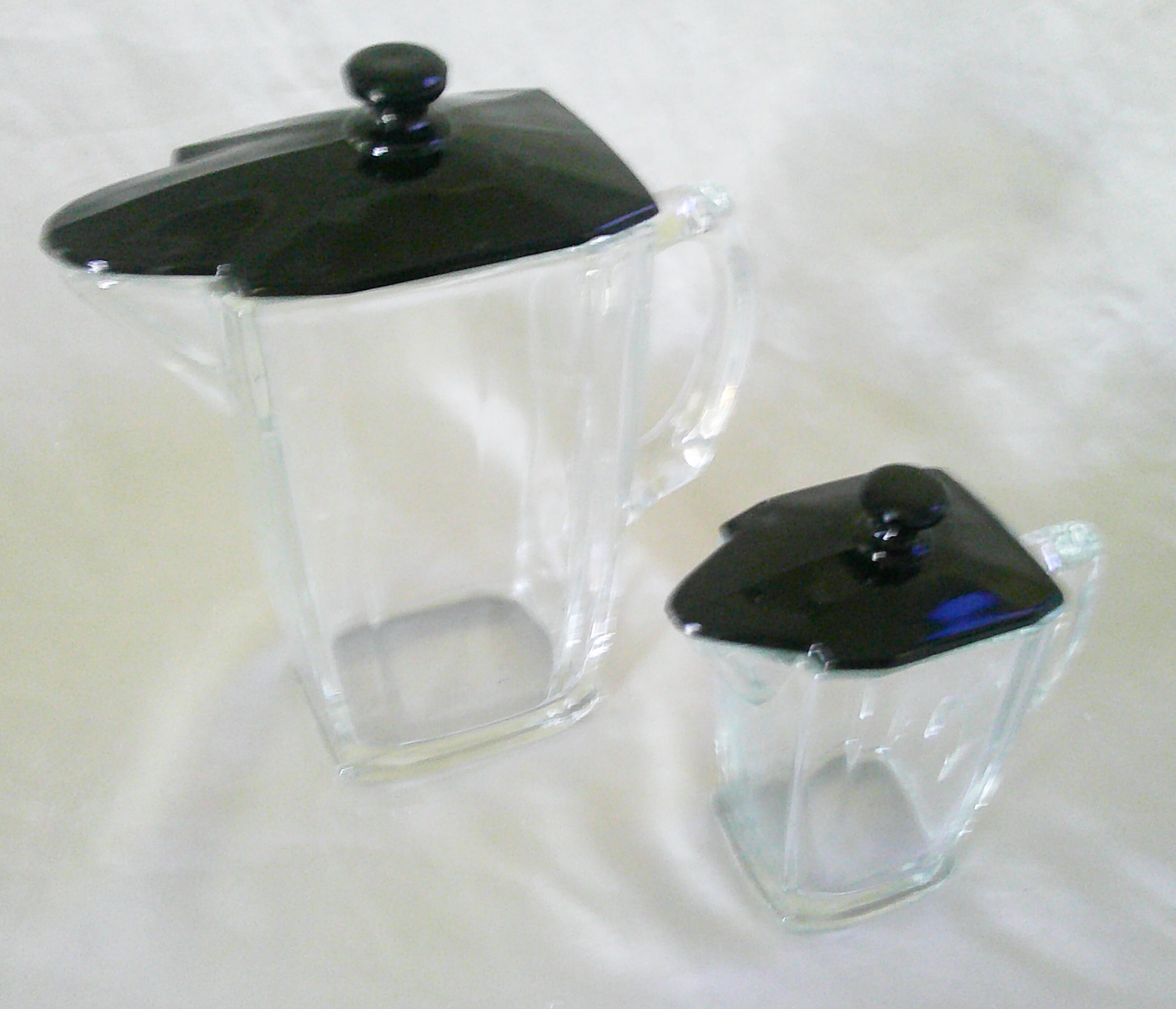 Art Deco Paden City Glass Set of 2 Clear Glass Pitchers W Black Glass Lids  