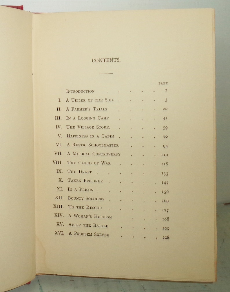 May include: Open book displaying the contents page of a book. The title "CONTENTS" is at the top, followed by a list of chapter titles and page numbers. The text is in black font on a cream-colored page.