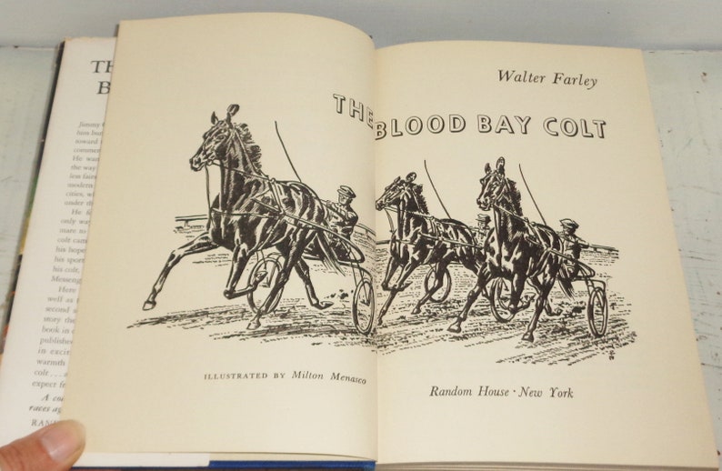 K&ouml;nnte beinhalten: Schwarzwei&szlig;-Illustration eines Pferderennens. Drei Pferde ziehen Kutschen mit Fahrern. Der Text "The Blood Bay Colt" steht oben auf der Seite. Der Text "Illustrated by Milton Menasco" steht unten auf der Seite.