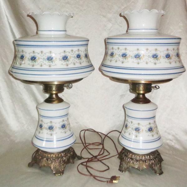 Large Abigail Adams Blue Poppy Quoizel 3 Way Gone With The Wind Table Lamps ~ Set of 2 Vintage 26 inch Tall Lamps