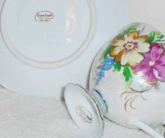 Antique Grantcrest China Japan Tea Cup & Saucer W Gold Iridescent