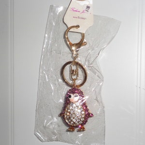 Betsy Johnson Penguin Keychain Purple Pink Clear Rhinestone Bling