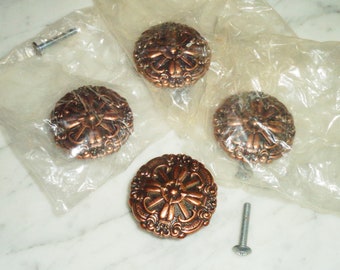 HYER 1 3/4 inch Copper Crown Deco Cabinet Door Drawer Pull Knobs, Set of 4 Vintage Mid Century New Old Stock, MIP