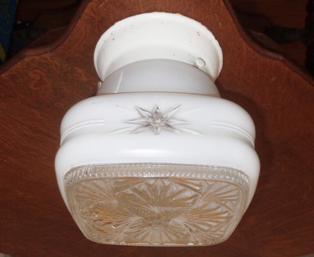 MCM Square Graduated White & Clear Holophane Face Star Glass Globe ...
