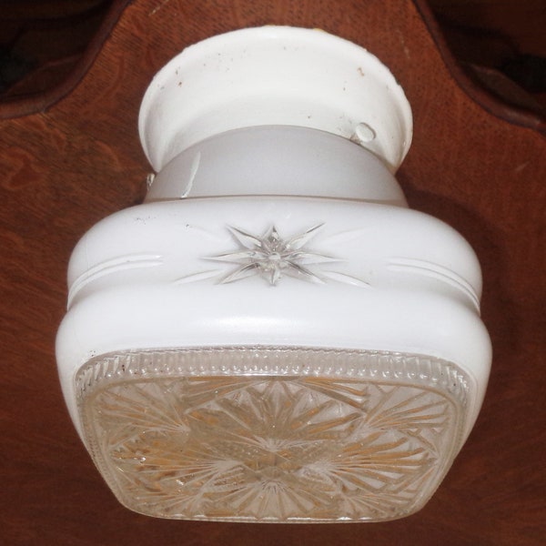 Mid Century Square Graduated White & Clear Holophane Face Glass Globe Ceiling Light Fixture