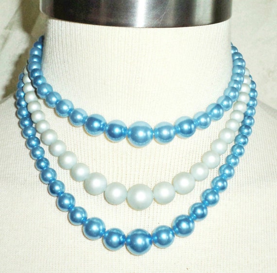 Blue Pearl Hook Necklace Vintage 3-Strand Blue Be… - image 1