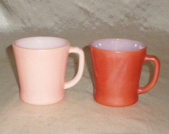 Fire King Pink & Brown D Handle Coffee Mugs Cups, Vintage