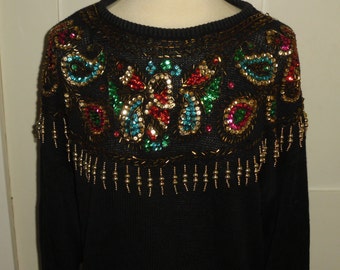 Trimmings Beaded Black Sweater Womans Sz Med