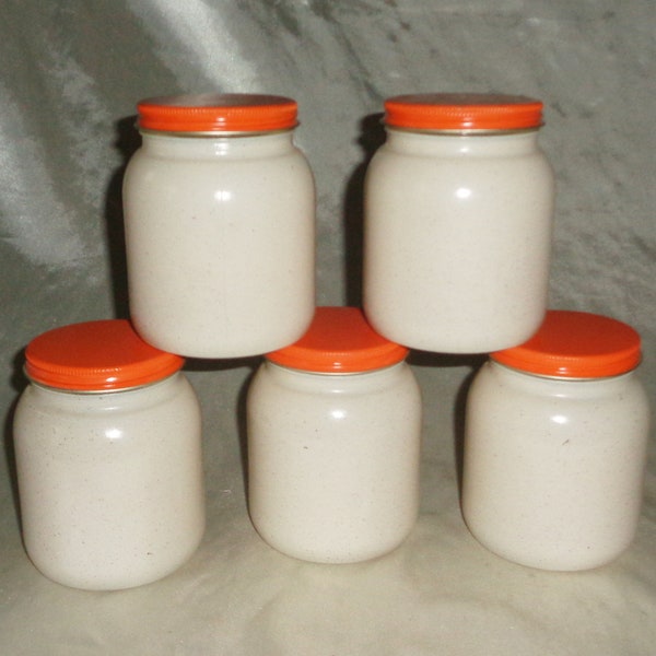 5 Beige Speckle 1/2 Pint Storage Mason Jars marked " 17 I 82" w Orange Metal Lids