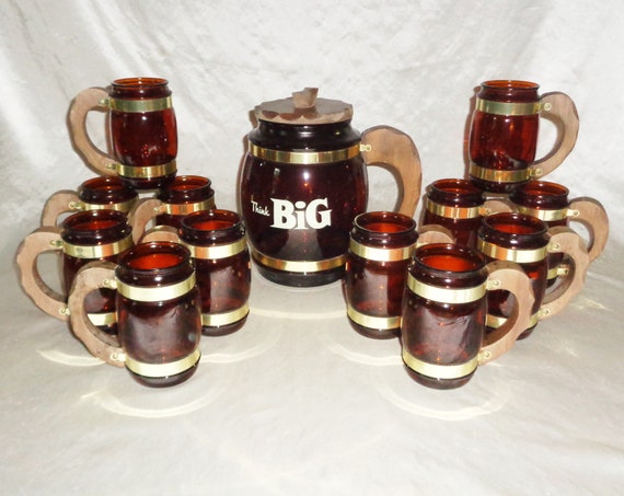 Brown Siesta Ware Coffee Mugs & Pitcher Set W Wood Handles 